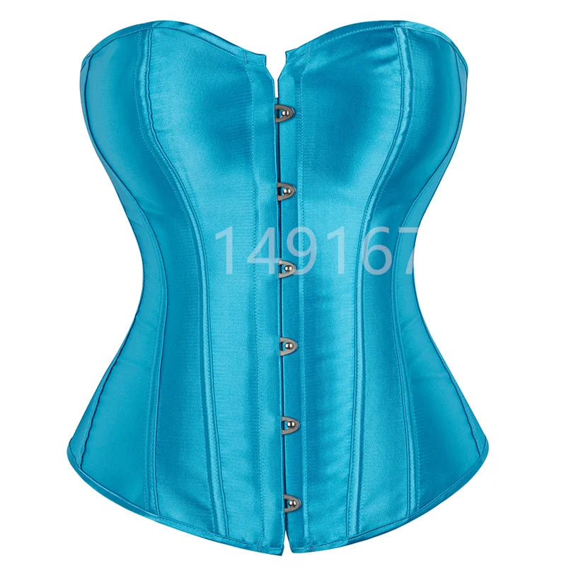 Luminous Teal Satin Overbust Corset with Front Metal Busk