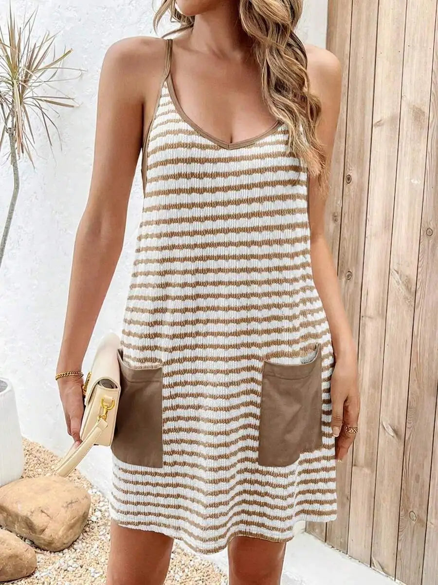 Striped Sleeveless Mini Dress with Front Pockets Casual Summer Style