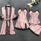 Women's Satin-Look Lace Lingerie Nightgown Set with Matching Robe, Sleeveless Mini Dress and Decorative Garter-Style Detail