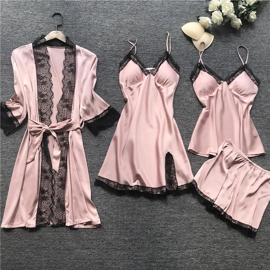Women's Satin-Look Lace Lingerie Nightgown Set with Matching Robe, Sleeveless Mini Dress and Decorative Garter-Style Detail