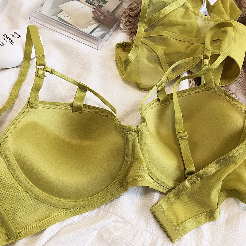 Chartreuse Strappy Cutout Underwire Bra and Sheer Mesh Panty Set