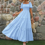Tiered A-Line Maxi Dress with Smocked Bodice and Puff Sleeves
