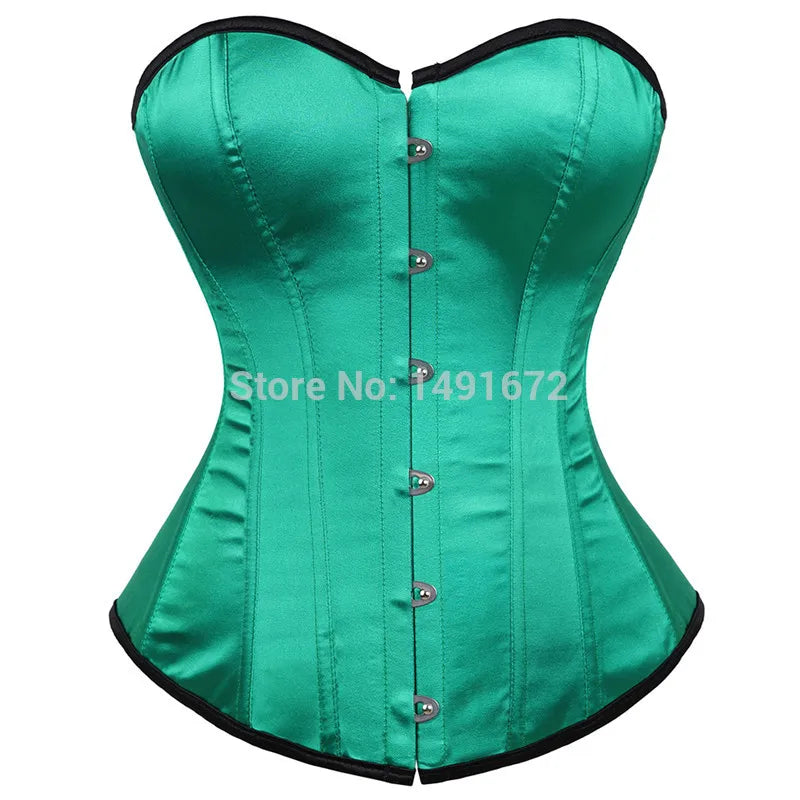 Luminous Teal Satin Overbust Corset with Front Metal Busk