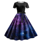 Cosmic Galaxy Print A-Line Swing Dress with Black Bodice and Waist Tie