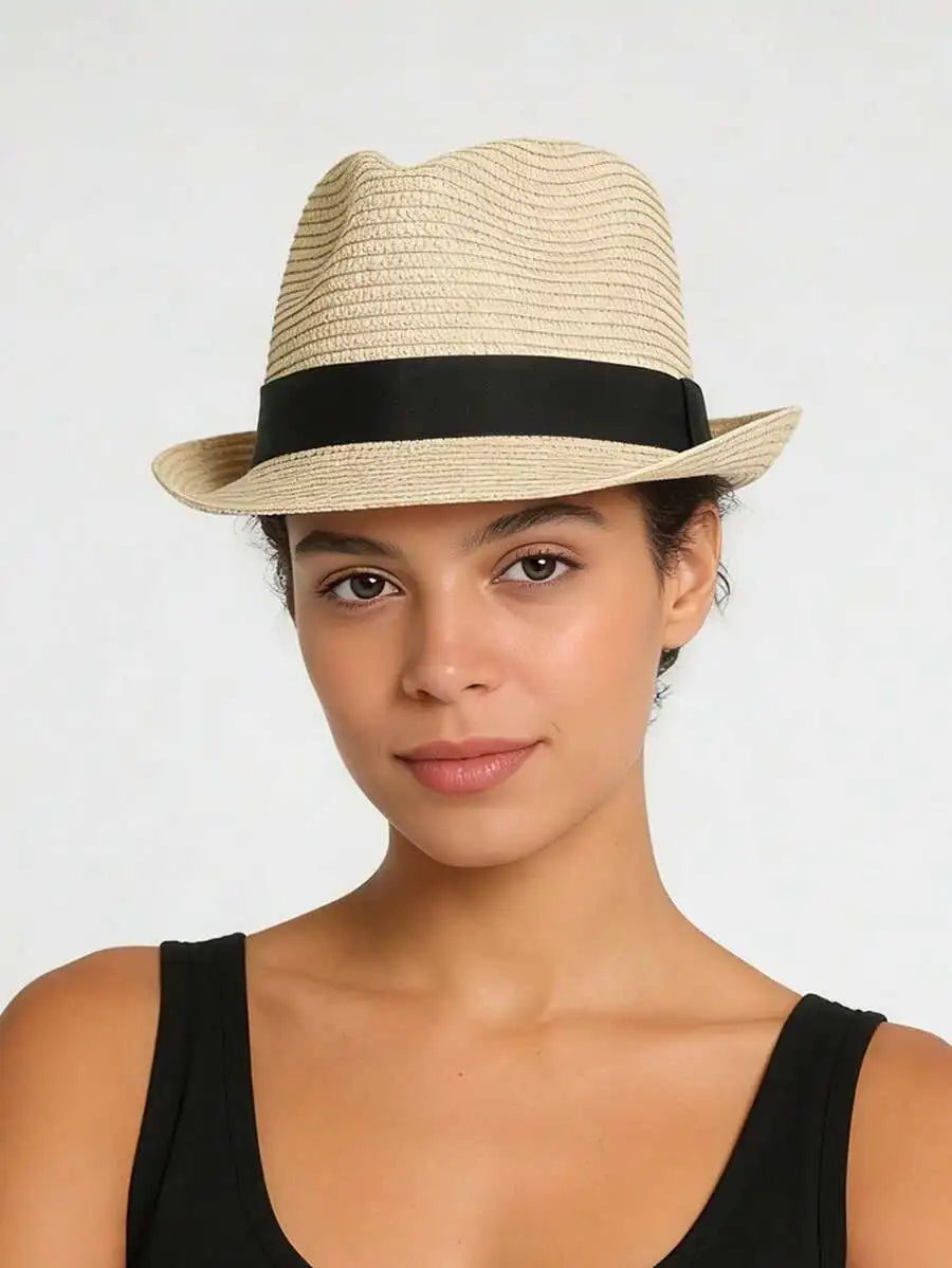 Unisex Woven Straw Fedora Sun Hat with Decorative Band for Casual Summer Outdoor Style