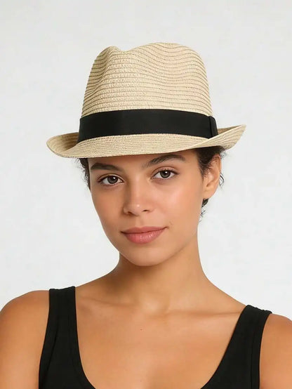 Unisex Woven Straw Fedora Sun Hat with Decorative Band for Casual Summer Outdoor Style