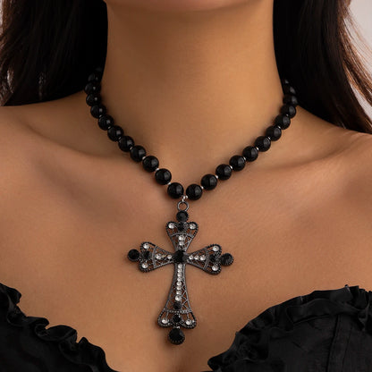 Pearl Cross Layered Choker Necklace for Dark Feminine Gothic Elegance