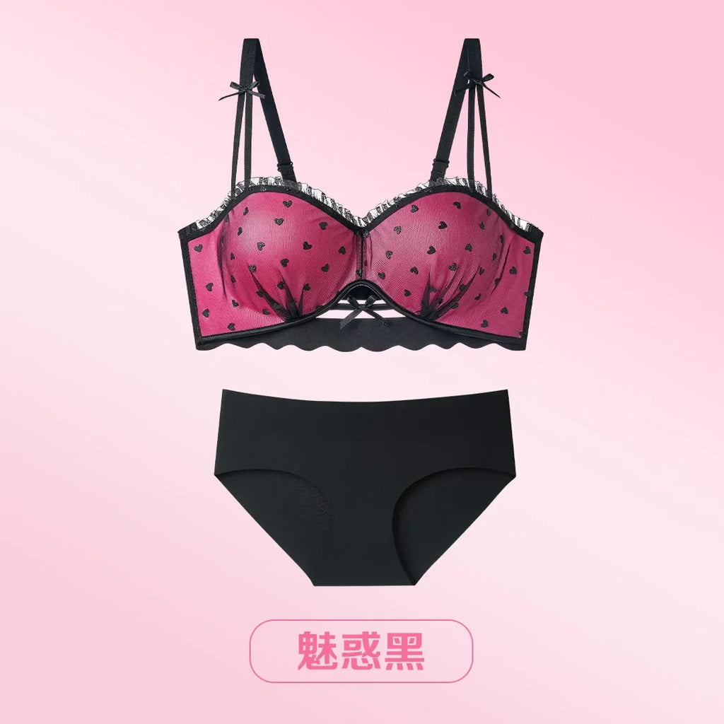 Sweet Polka Dot Demi Bra with Scalloped Edging and Contrast Strap Panty Set