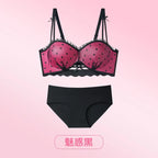 Sweet Polka Dot Demi Bra with Scalloped Edging and Contrast Strap Panty Set