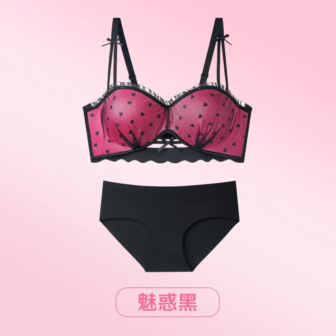 Sweet Polka Dot Demi Bra with Scalloped Edging and Contrast Strap Panty Set