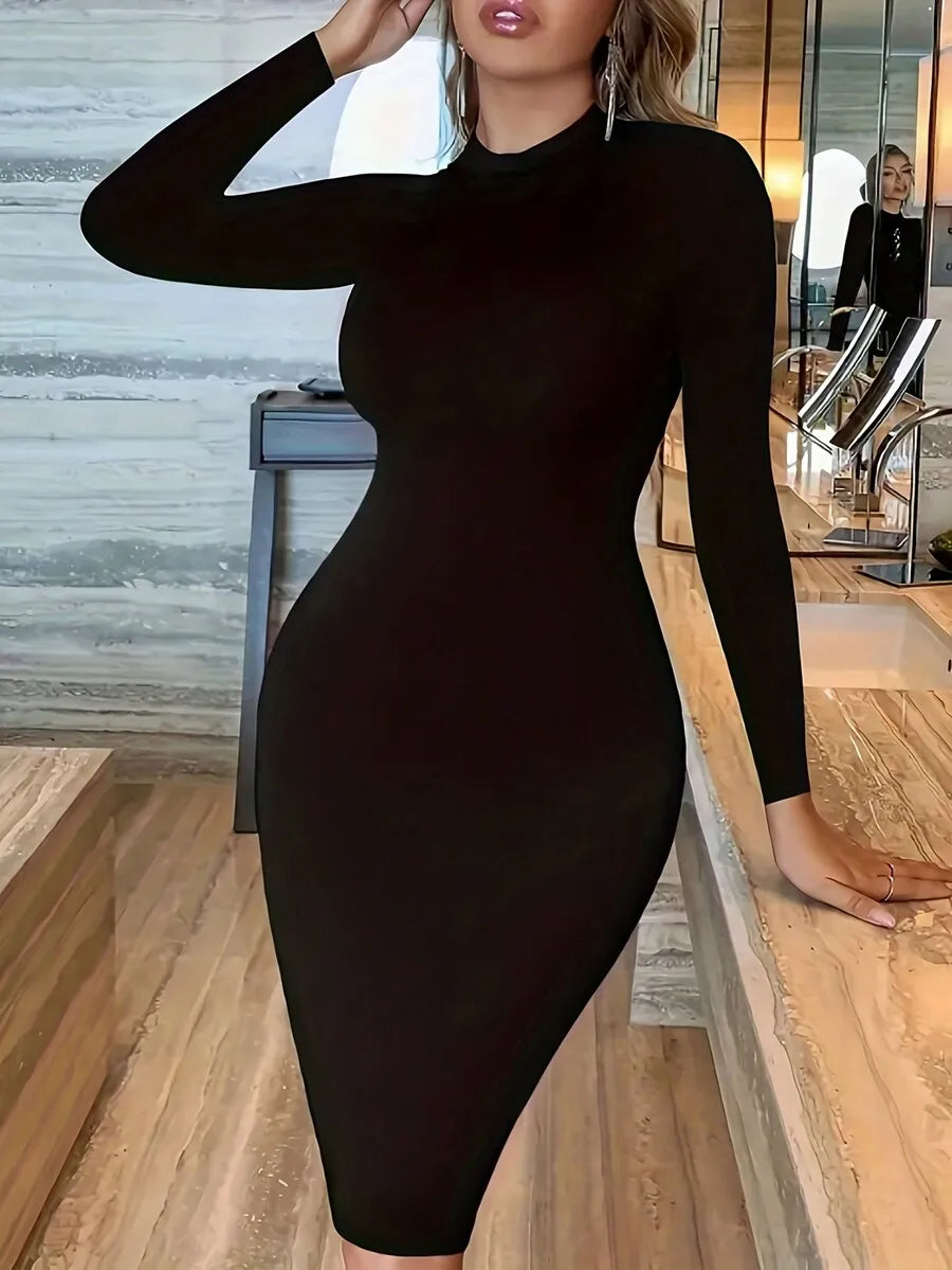 Minimalist Black Long-Sleeve Turtleneck Bodycon Dress