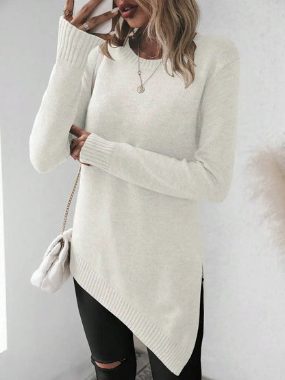 Women's Asymmetric Hem Knit Sweater with Relaxed Long Sleeve Contemporary Silhouette