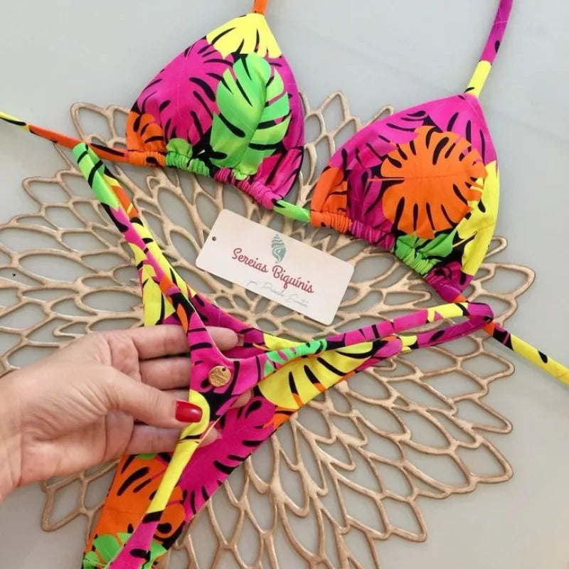 Playful Heart Print Triangle Bikini Set with Braided Pink Strap Detailing