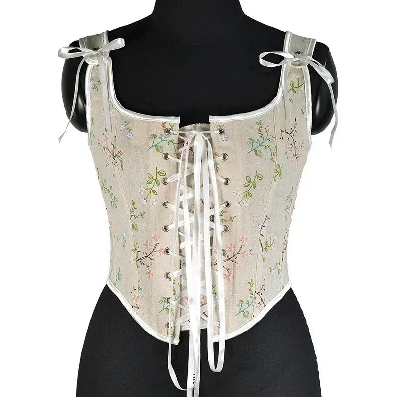 Elegant Beige Lace-Up Corset Top with Adjustable Tie-Shoulder Straps
