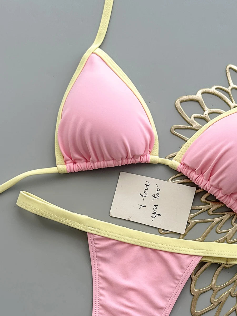 Pastel Pink Triangle String Bikini with Lemon Yellow Contrast Trim