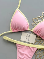 Pastel Pink Triangle String Bikini with Lemon Yellow Contrast Trim