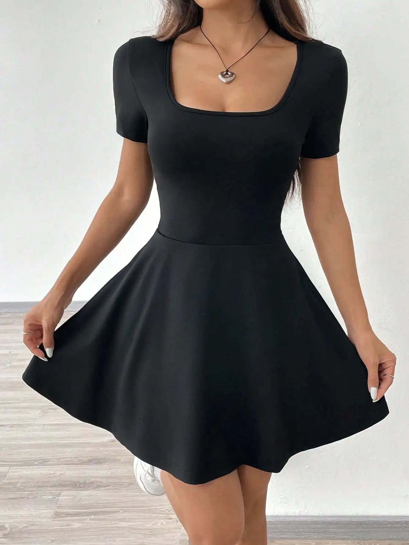 Square Neck Short Sleeve A-Line Mini Dress with Flared Skater Silhouette