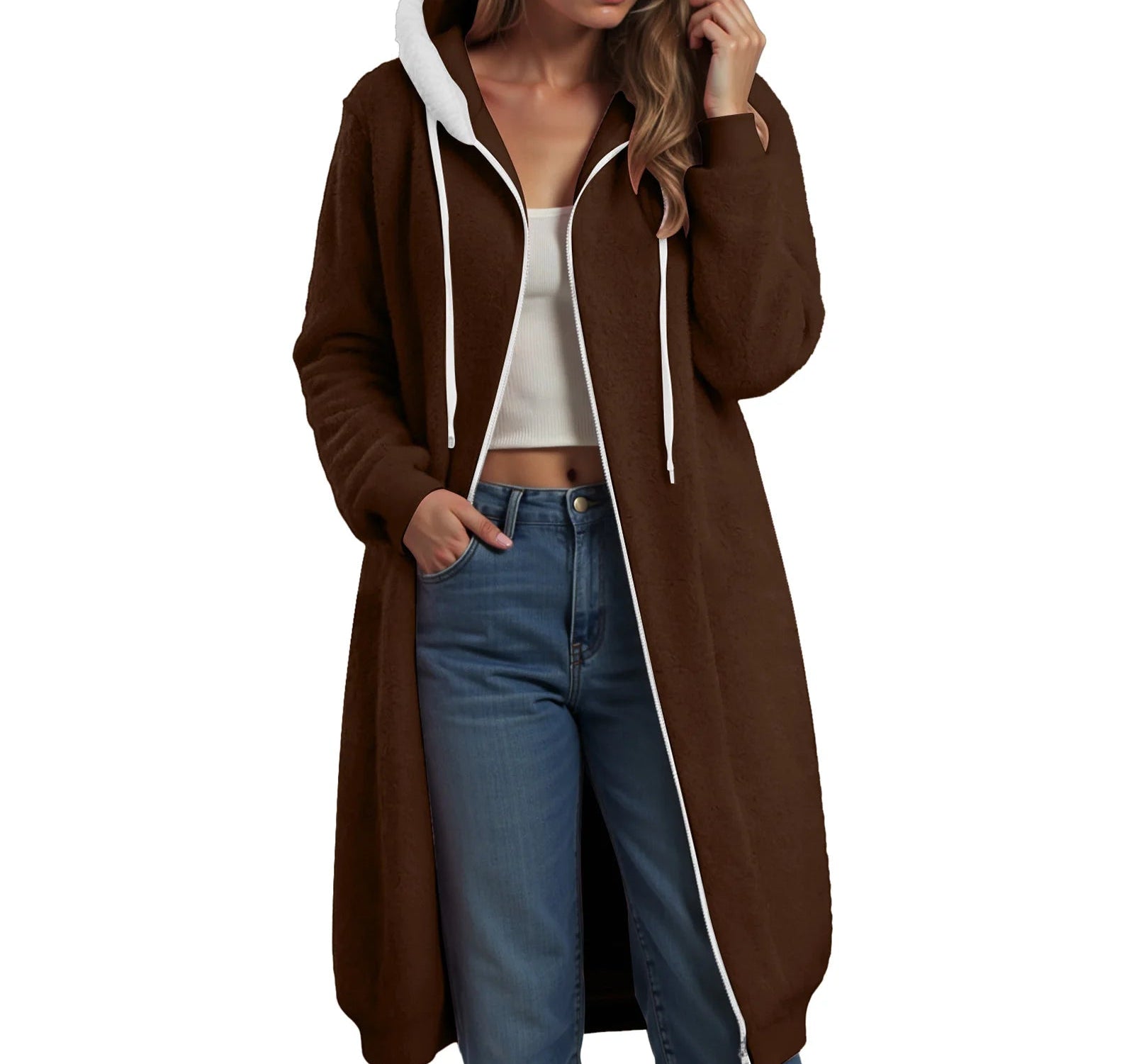Longline Plush Fleece Hooded Jacket with Relaxed Streetwear Layering Fit