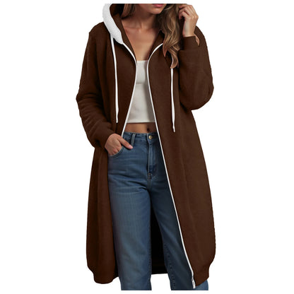 Longline Plush Fleece Hooded Jacket with Relaxed Streetwear Layering Fit