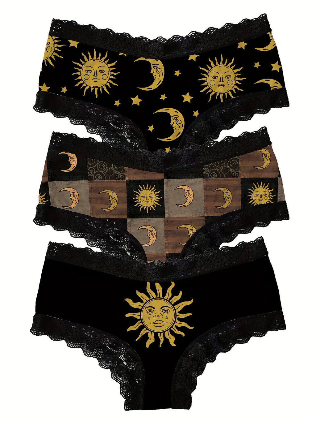 Women’s Black and Gold Lace Briefs with Celestial Sun and Moon-Inspired Details, Decorative Waistband and Alternative Style