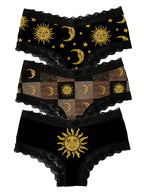 Women’s Black and Gold Lace Briefs with Celestial Sun and Moon-Inspired Details, Decorative Waistband and Alternative Style