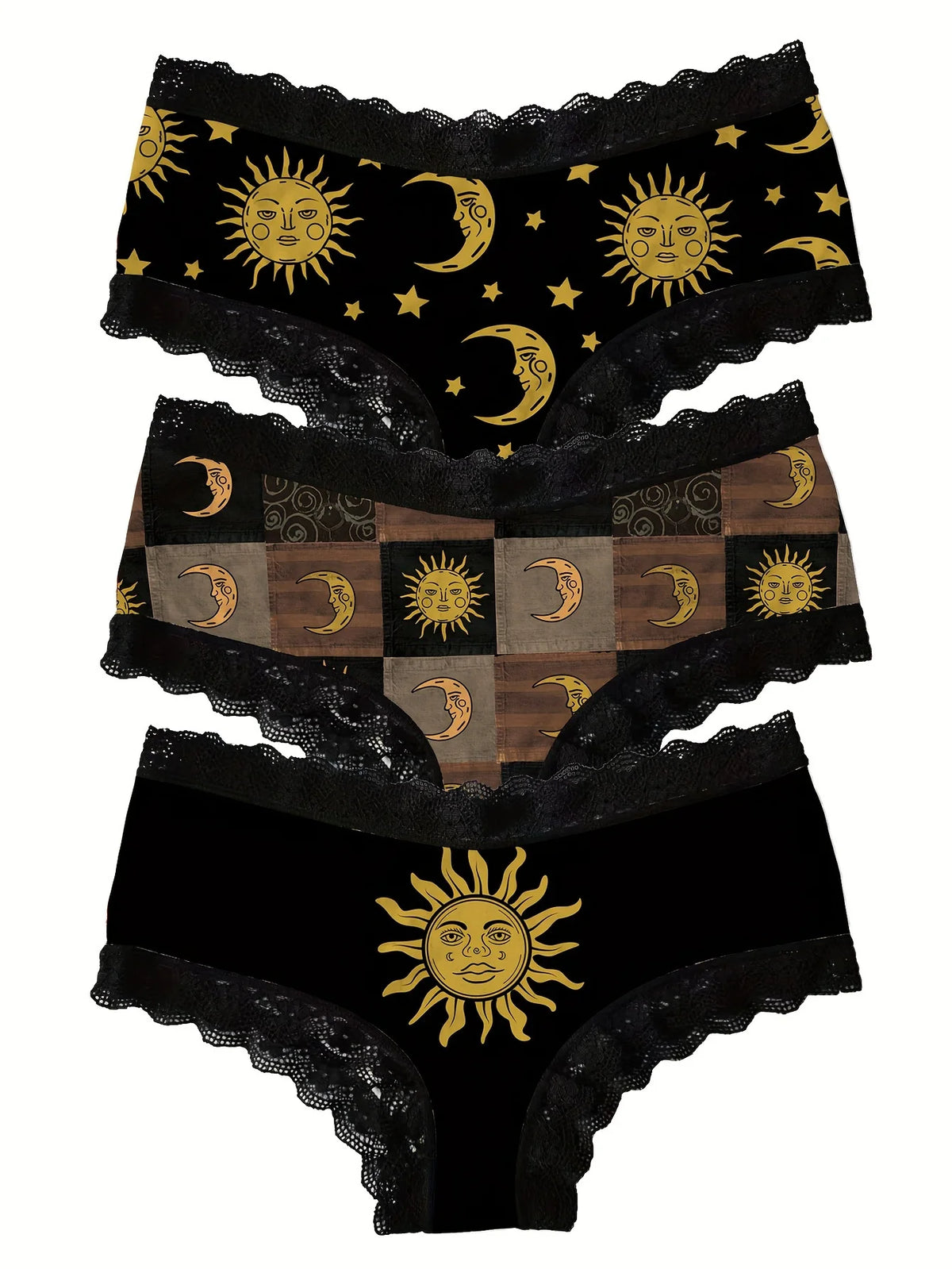 Women’s Black and Gold Lace Briefs with Celestial Sun and Moon-Inspired Details, Decorative Waistband and Alternative Style