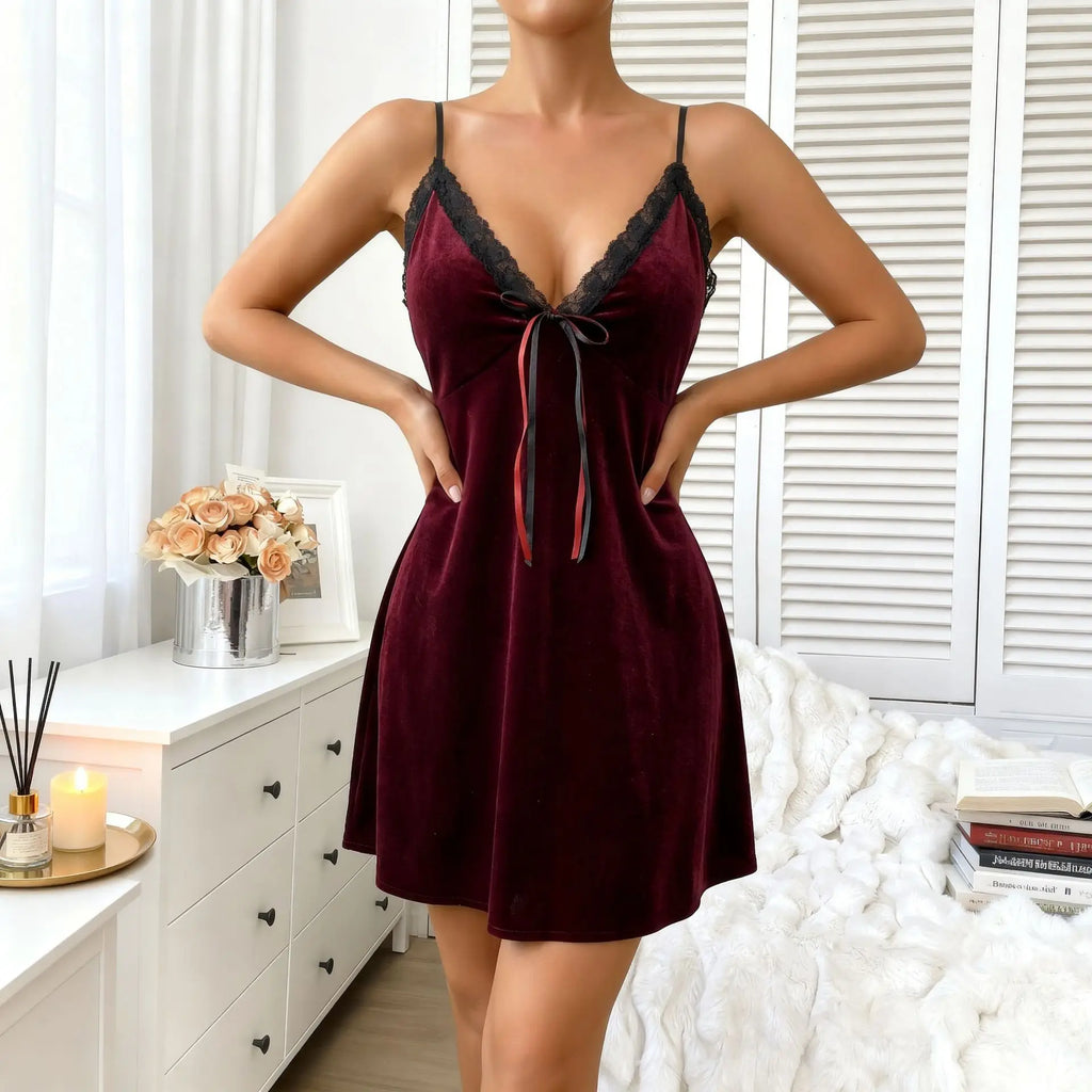 Plush Burgundy Velvet A-Line Chemise with Black Lace Trim