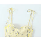 Sunny Yellow Floral Print Cami Bustier with Tie Straps and Flared Hem