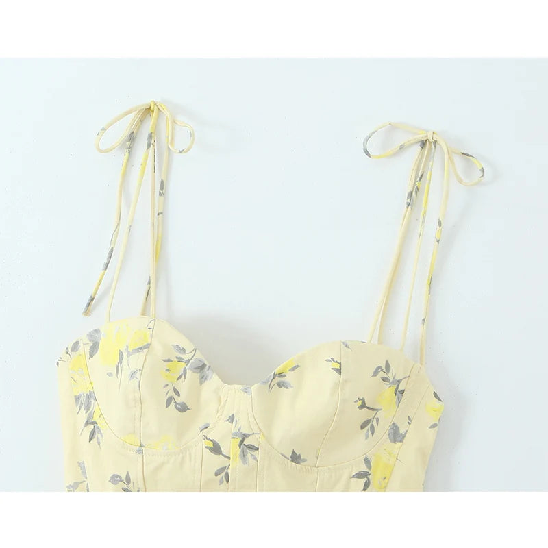 Sunny Yellow Floral Print Cami Bustier with Tie Straps and Flared Hem