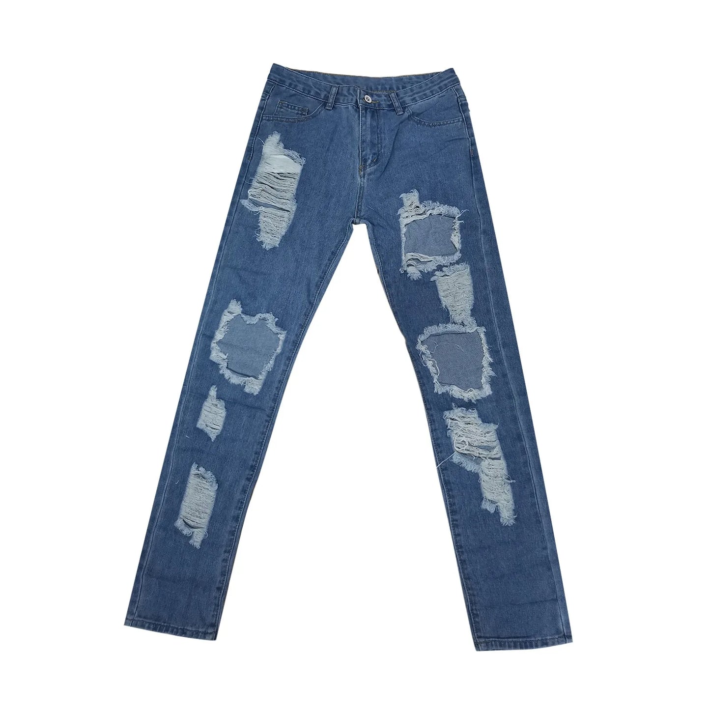 Women's Distressed Straight Leg Denim Jeans with Frayed Ripped Details and Relaxed Fit