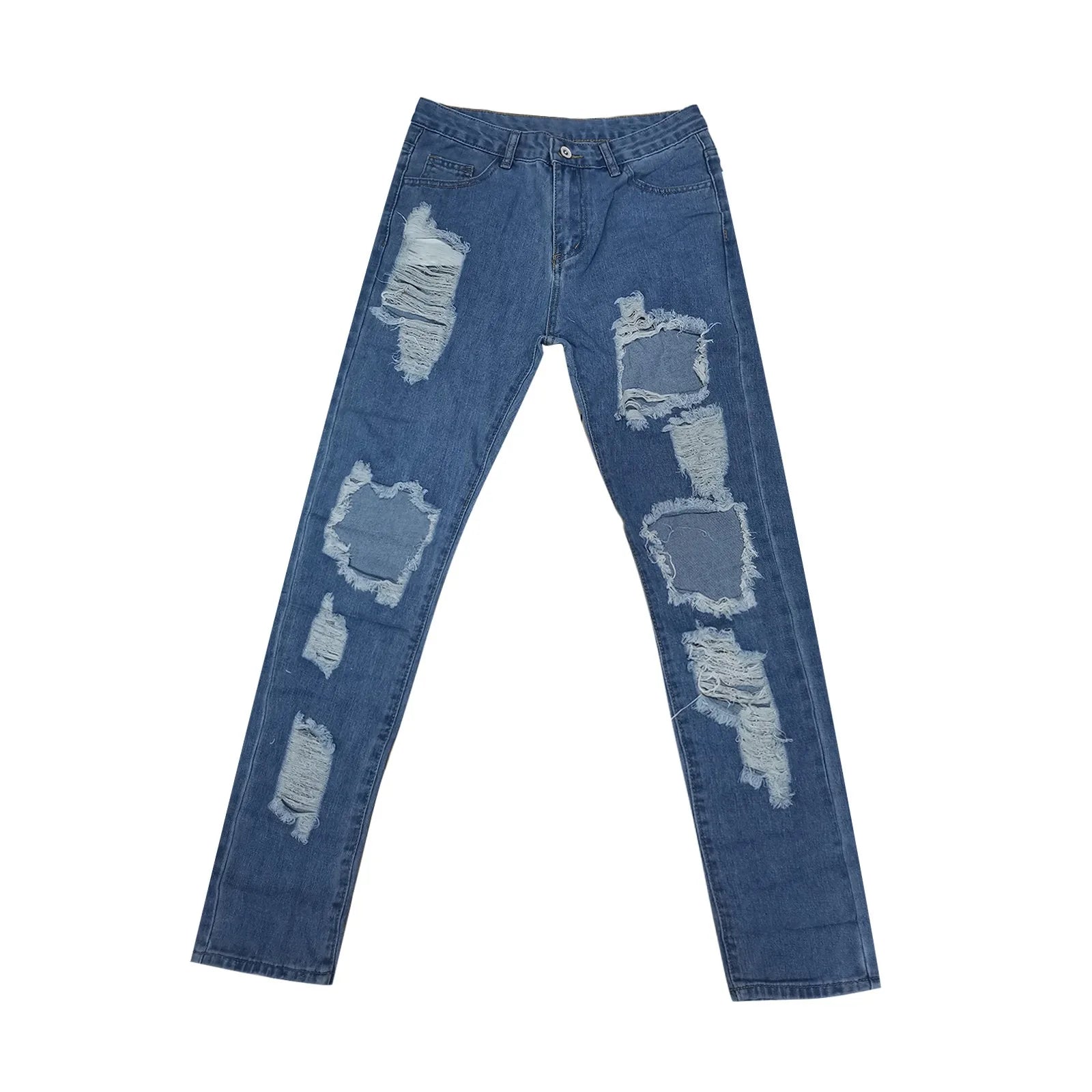 Women's Distressed Straight Leg Denim Jeans with Frayed Ripped Details and Relaxed Fit