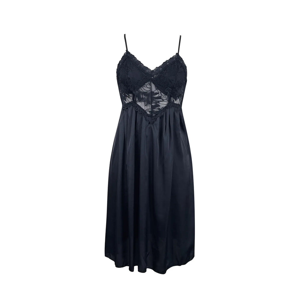 Sleek Black Satin-Finish Chemise Nightdress with Sheer Lace Bodice Patchwork