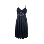 Sleek Black Satin-Finish Chemise Nightdress with Sheer Lace Bodice Patchwork