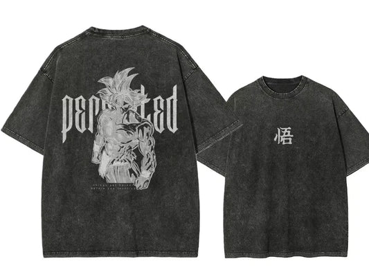 Minimal Manga Back Print Oversized Washed Anime Streetwear Cotton T-Shirt