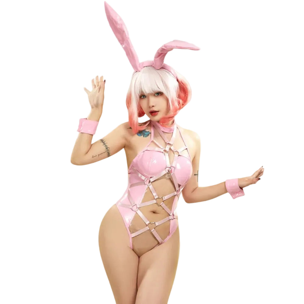 Women's Heart Cutout Bodysuit with Bunny Ear Headband and Decorative Ring Accessories