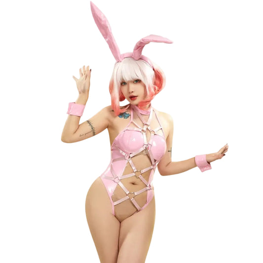 Women's Heart Cutout Bodysuit with Bunny Ear Headband and Decorative Ring Accessories