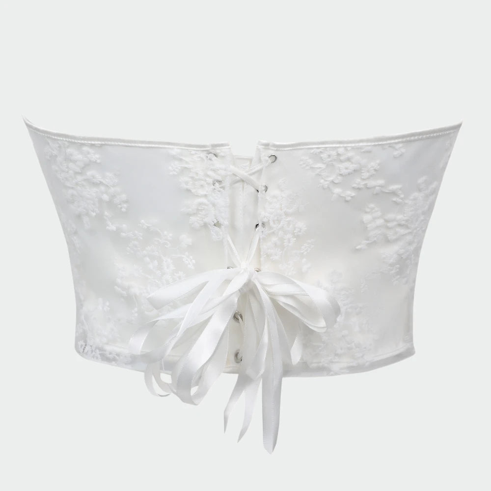 Ethereal White Strapless Corset with Draped Sweetheart Bodice and Lace Overlay