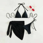 Navy Blue Three-Piece Triangle Bikini Set with Lace-Up Halter Top, Matching Bottom and Coordinated Wrap Skirt