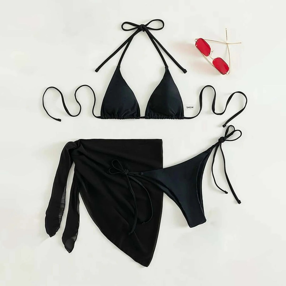 Navy Blue Three-Piece Triangle Bikini Set with Lace-Up Halter Top, Matching Bottom and Coordinated Wrap Skirt