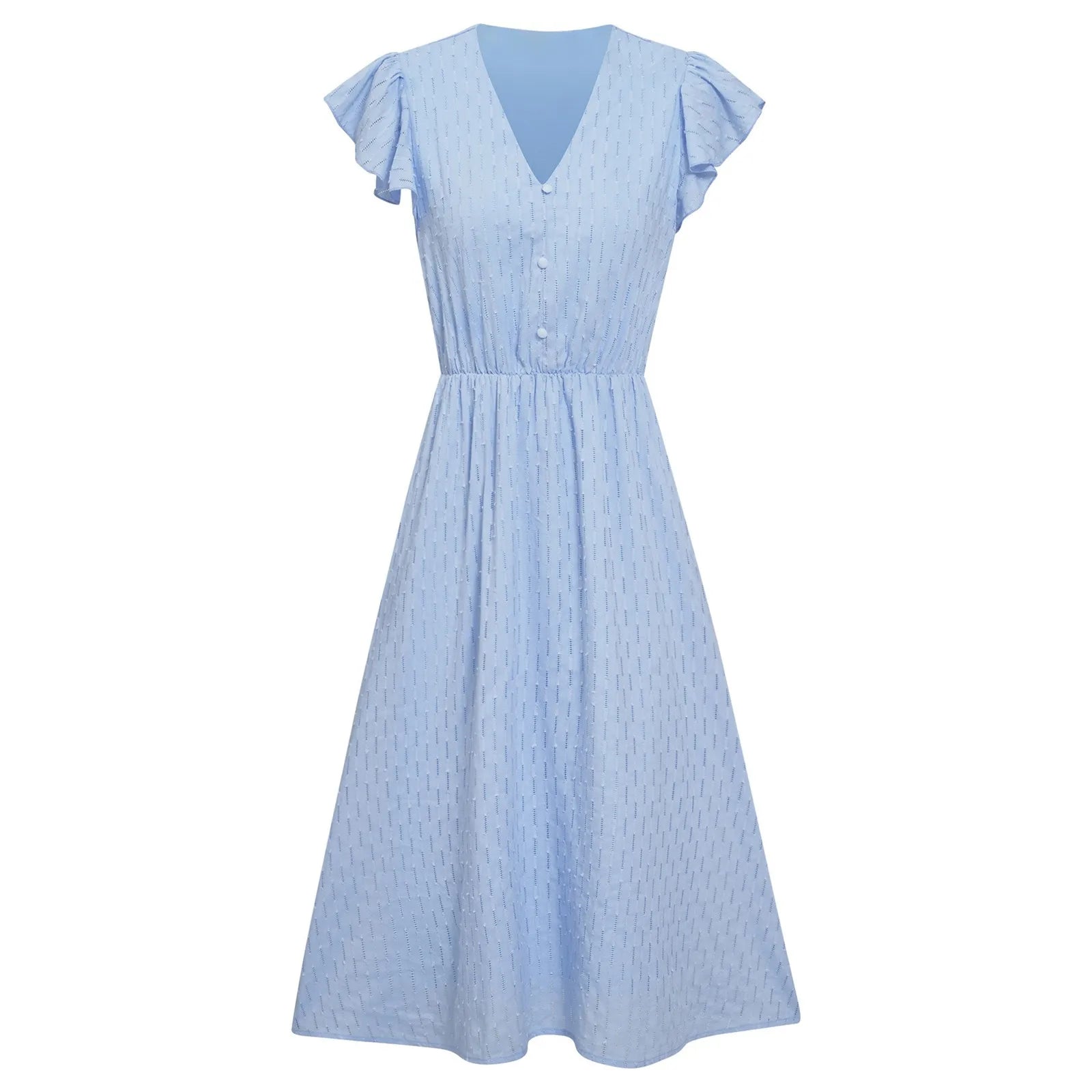 Flutter Sleeve V-Neck Button Front Midi Dress With Elegant Everyday Silhouette