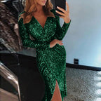 Deep V-Neck Bodycon Midi Dress with Long Sleeves and Wrap Styling