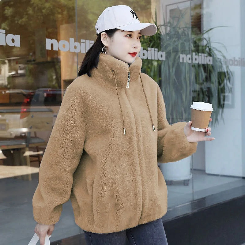 Women's Plush Fleece Zip-Up Jacket with Stand Collar Cozy Streetwear Winter Outerwear