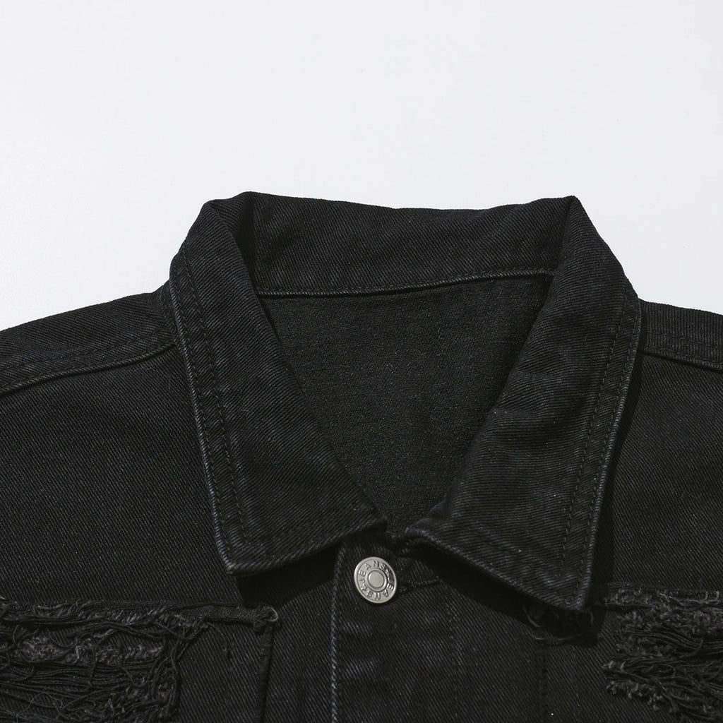 Men's Distressed Denim Jacket with Layered Patchwork Streetwear Design