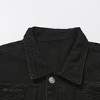 Men's Distressed Denim Jacket with Layered Patchwork Streetwear Design