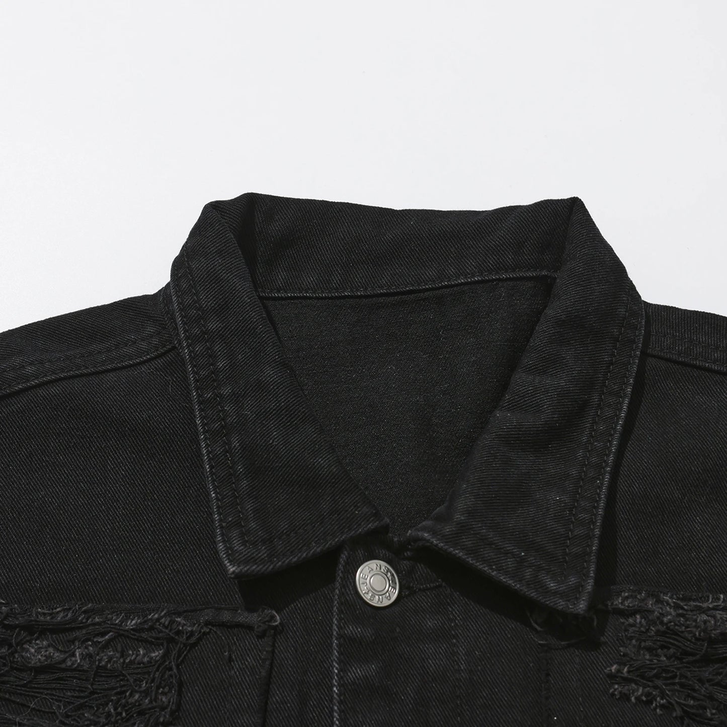 Men's Distressed Denim Jacket with Layered Patchwork Streetwear Design