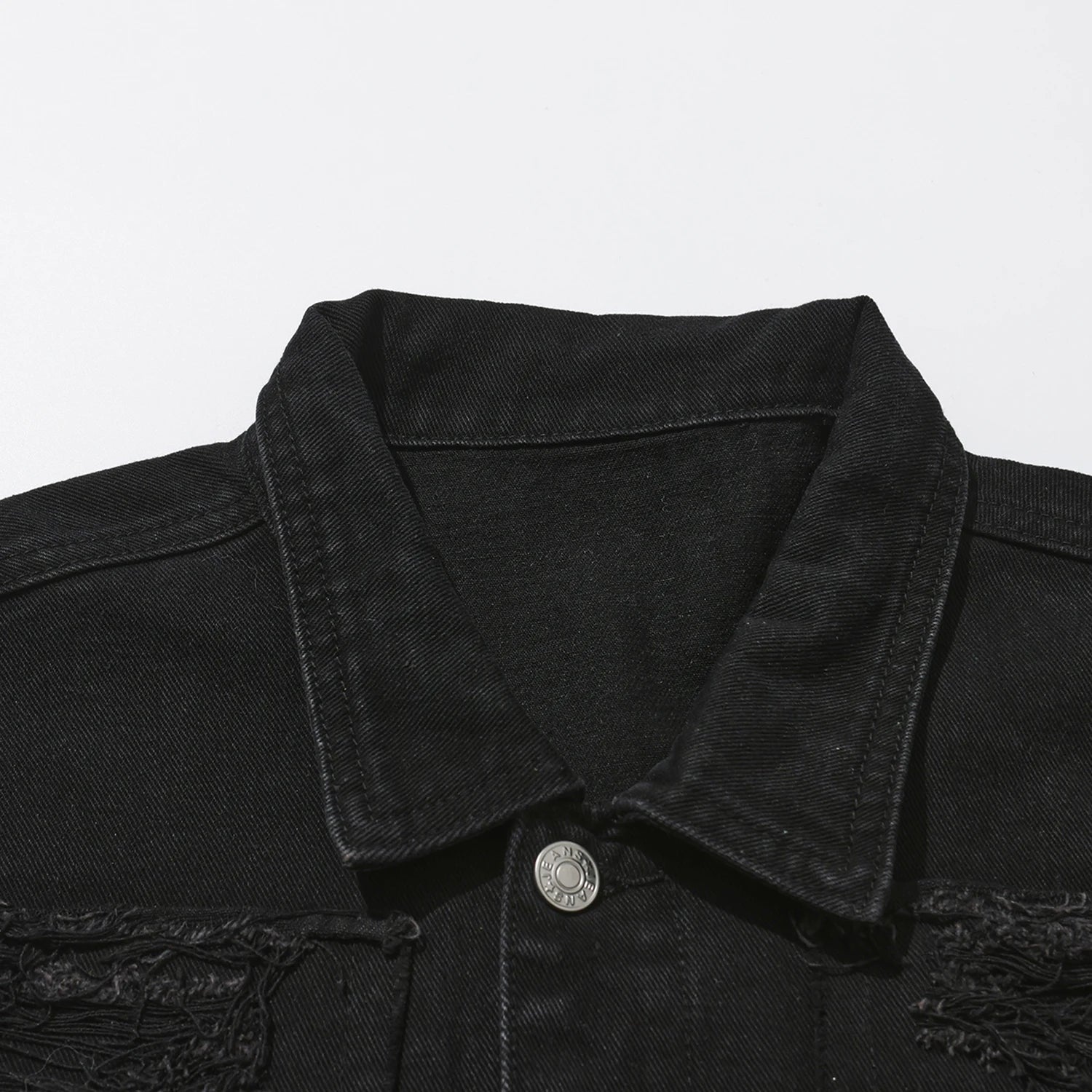 Men's Distressed Denim Jacket with Layered Patchwork Streetwear Design