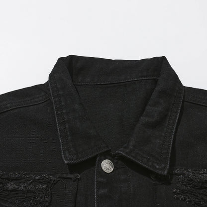 Men's Distressed Denim Jacket with Layered Patchwork Streetwear Design