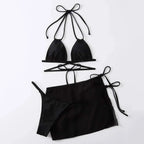 Solid Three-Piece Bikini Set with Drawstring Straps, Coordinating Swimwear Pieces and Feminine Beach-Ready Styling