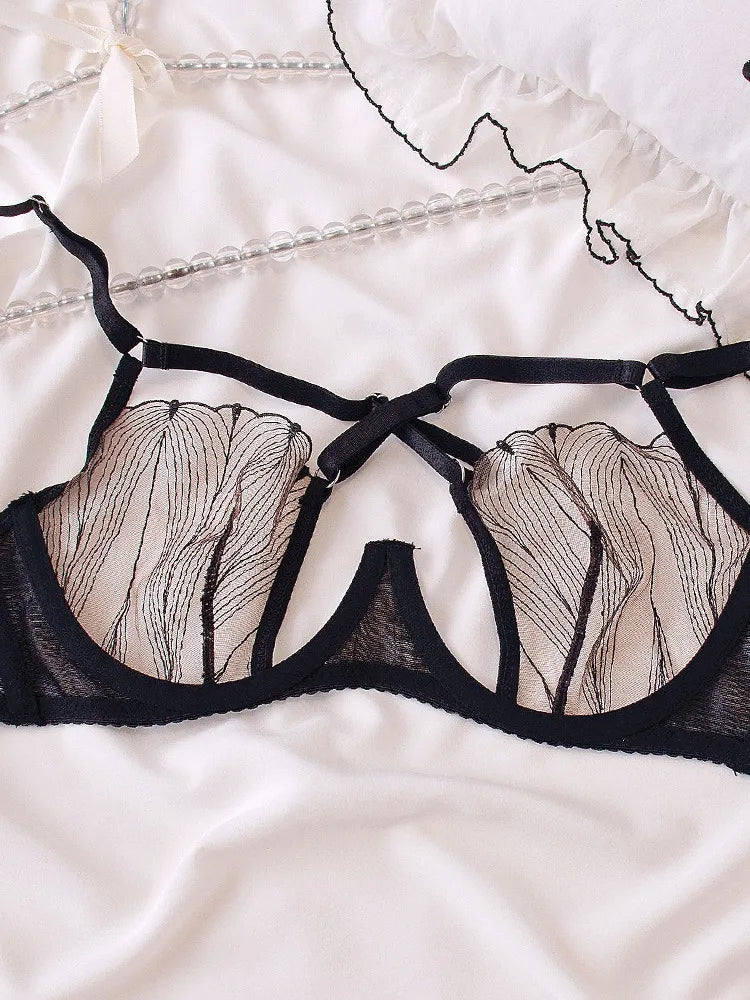 Dramatic Black Sheer Mesh and Contrast Lace Underwire Intimates Set