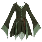 Women's Renaissance-Inspired Linen Blend Dress with Bell Sleeves and Adjustable Waist Belt